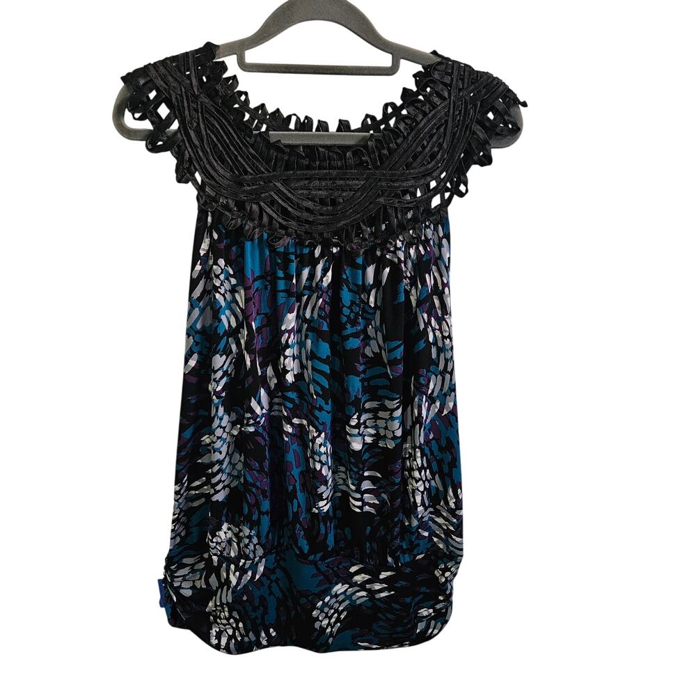 Perseption Concept Women's XL Woven Collar Bubble Top Black Blue Abstract